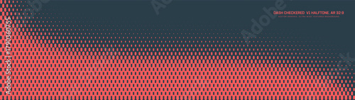 Checkered dash halftone pattern smooth curved border ultra wide 32:9 aspect ratio red black vector conceptual abstract background. Half tone graphic panoramic format futuristic technology abstraction