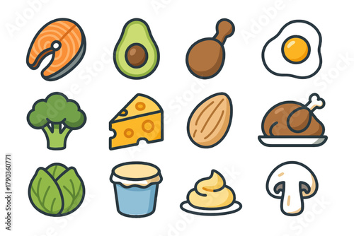 Collection of cartoon food icons including salmon, avocado, chicken, cheese, and vegetables.