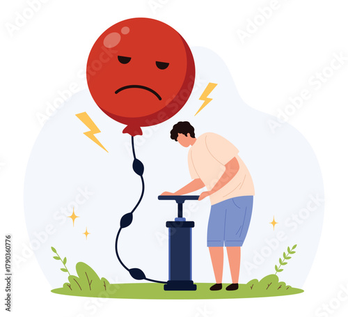 Person inflating a red sad face balloon with pump, representing emotional pressure, mental overload, anxiety, and stress in daily life, flat isolated vector illustration