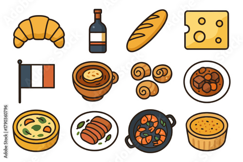 French cuisine icons: croissant, wine, cheese, flag, quiche, ratatouille, baguette, coq au vin.