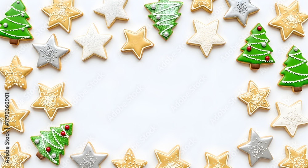 Fototapeta premium Festive holiday star and Christmas tree cookies beautifully arranged as a delightful frame on a pristine white background, perfect for seasonal greetings and culinary designs