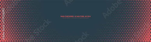 Checkered dash radial semi circle framed border halftone pattern ultra wide 32:9 aspect ratio red black vector abstract background. Half tone panoramic futuristic technology graphical abstraction