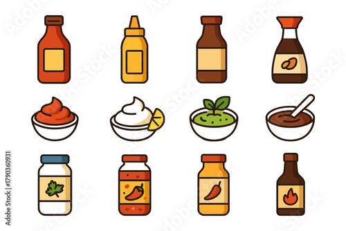 Diverse icons of condiments and sauces: mustard, ketchup, soy sauce, guacamole, more.