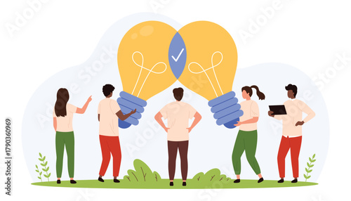 Group of diverse people sharing ideas and working together with large overlapping light bulbs symbolizing teamwork, innovation, brainstorming, and creative thinking isolated vector illustration