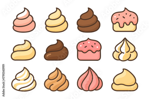 Colorful ice cream scoops and cupcakes with toppings on white background.