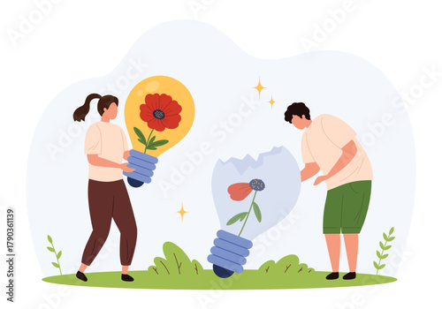 Man and woman replacing a broken light bulb with a blooming flower, symbolizing renewal, creativity, and eco-friendly innovation in a flat style isolated vector illustration