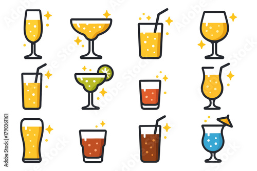 Colorful cocktail and drink illustrations with sparkles.