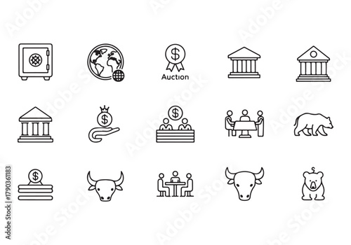 Bank and finance icon set, Business and corporation vector signs, global market, crowd funding, start up, Vector stock thin line design