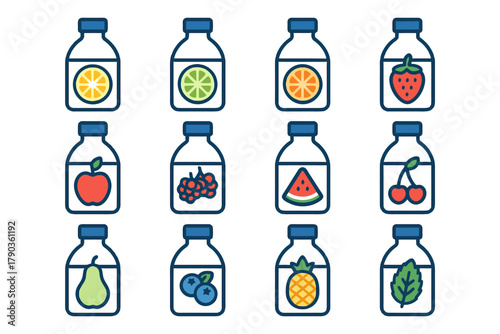 Colorful juice bottles with varied fruit flavors in a neat grid arrangement.