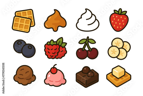 Colorful assorted breakfast and dessert toppings with fruits and sweets.