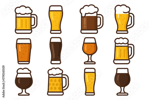 Assorted beer glasses and mugs with different styles and colors.