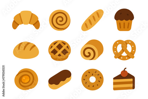 Assorted bakery items: croissant, muffin, pretzel, and more.