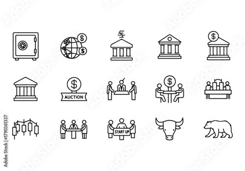 Bank and finance icon set, Business and corporation vector signs, global market, crowd funding, start up, Vector stock thin line design