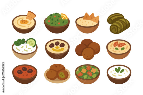 Assorted middle eastern cuisine including hummus, falafel, tabbouleh, and baba ganoush.