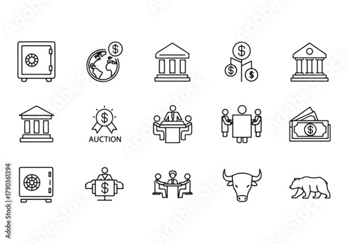 Bank and finance icon set, Business and corporation vector signs, global market, crowd funding, start up, Vector stock thin line design