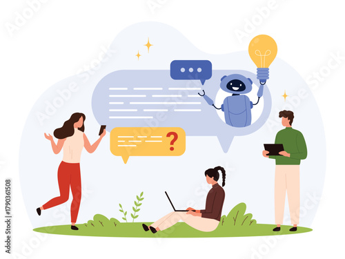 Modern flat design shows diverse people using devices to communicate with a friendly chatbot, symbolizing artificial intelligence, digital help, and online conversation isolated vector illustration