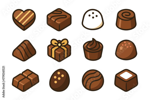 Assorted chocolate shapes and designs on white background.