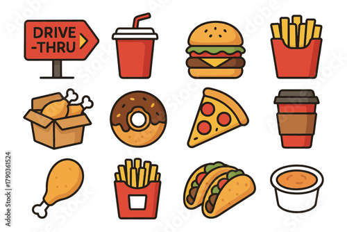 Colorful fast food icons: burgers, fries, tacos, and more.