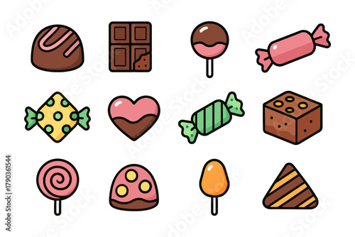 Assorted colorful candy collection with chocolate and lollipops.