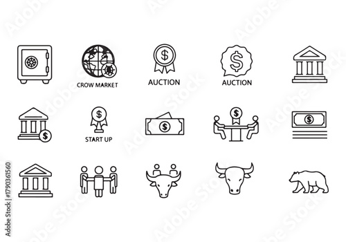 Bank and finance icon set, Business and corporation vector signs, global market, crowd funding, start up, Vector stock thin line design