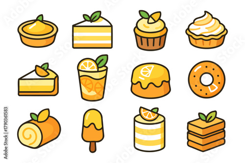 Assorted yellow desserts with cakes, cupcakes, and ice cream icons.