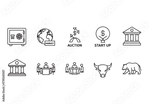 Bank and finance icon set, Business and corporation vector signs, global market, crowd funding, start up, Vector stock thin line design