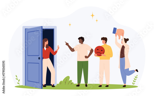 Group of diverse people expressing criticism, one woman refusing to engage, symbolizing emotional boundaries, stress, and social pressure in flat isolated vector illustration