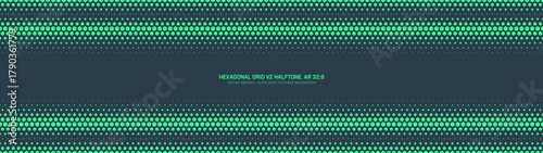 Hexagon grid halftone pattern extended striped border ultra wide 32:9 aspect ratio turquoise vector futuristic technology eye-catching abstract background. Half tone graphics ultrawide format backdrop