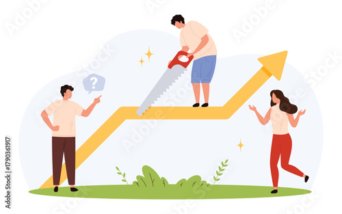 Three people interact with a rising arrow, one sawing it, symbolizing business failure, poor decisions, confusion, and negative impact on growth isolated vector illustration