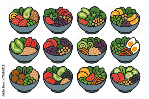 Colorful assorted vegetable bowls with healthy ingredients.