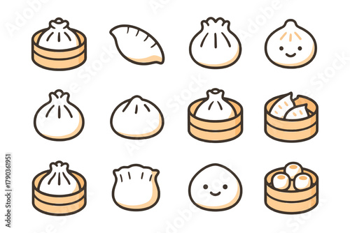 Variety of asian dumplings and buns in cute cartoon style icons.