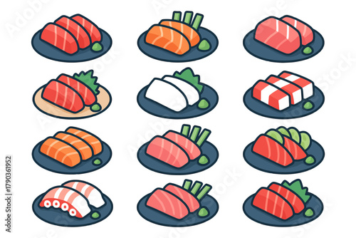 Assorted sushi illustrations featuring various nigiri and sashimi styles on plates.