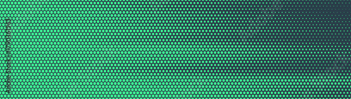 Hexagonal grid halftone pattern speed effect ultra wide 32:9 aspect ratio turquoise vector futuristic technology eye-catching abstract background. Half tone graphics widescreen format abstraction
