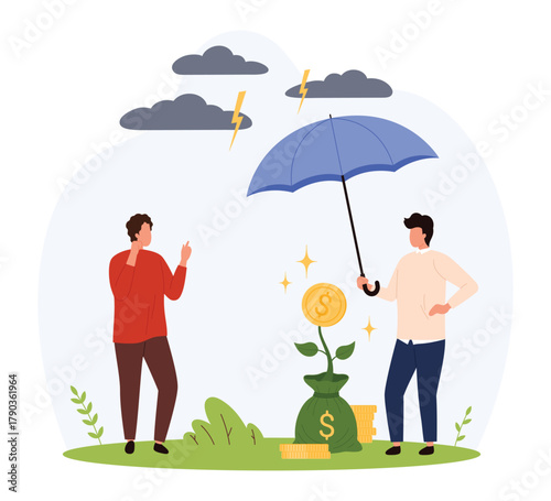 Two people shield money bag and coin plant from storm with umbrella, representing financial security, investment protection, and risk management in business isolated vector illustration