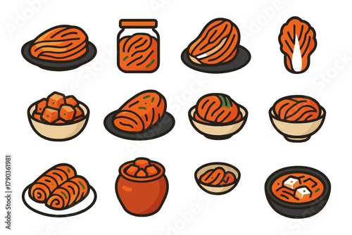 Variety of traditional korean kimchi dishes in bowls and jars.