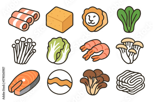 Various illustrated foods including fish, tofu, vegetables, and mushrooms.