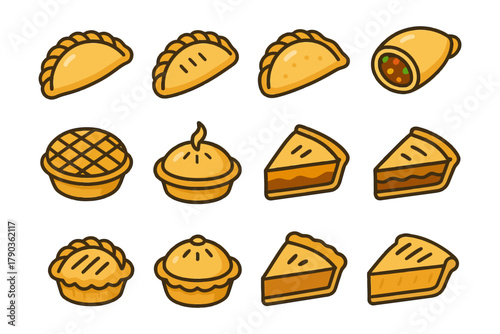 Assorted baked goods: pies, empanadas, and pastries on white background.