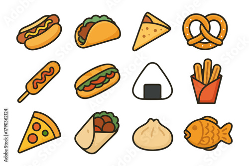 Collection of iconic street food: hotdog, taco, pizza, onigiri, pretzel, fries, corn dog.