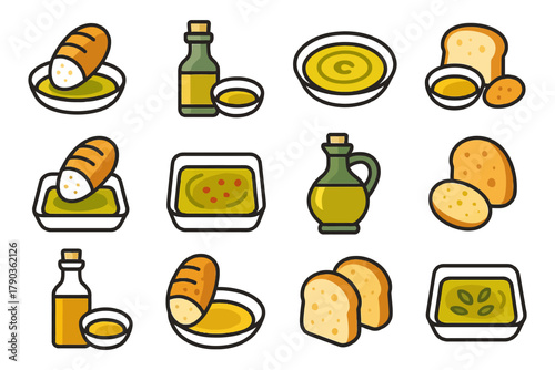Various bread and olive oil combos in colorful icons illustrating dipping, serving, and bottling scenes.
