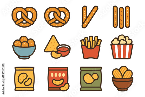 Variety of snack foods: pretzels, fries, popcorn, chips, and more.