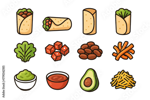 Colorful mexican cuisine icons featuring burrito, wrap, lettuce, beans, salsa, avocado, cheese.