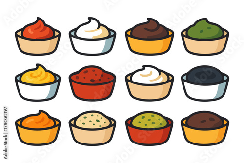 Colorful collection of twelve cartoon sauce and dip varieties in assorted flavors and colors.