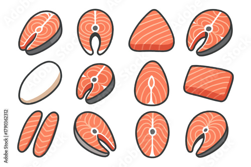Various cuts of fresh salmon in flat cartoon style on white background.