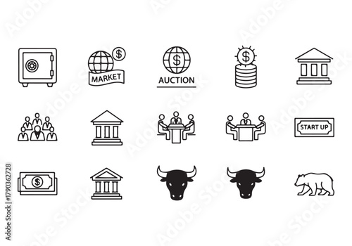 Bank and finance icon set, Business and corporation vector signs, global market, crowd funding, start up, Vector stock thin line design