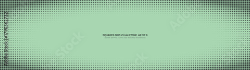 Squares grid halftone pattern soft faded elliptical frame ultra wide 32:9 aspect ratio vector sage green abstract background. Half tone graphic ultrawide format retro futuristic style abstraction