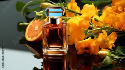 Video of glass bottle of orange citrus perfume fragrance with half orange and flowers turning on light background.Slow motion.AI Generative.