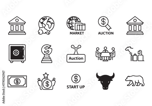 Bank and finance icon set, Business and corporation vector signs, global market, crowd funding, start up, Vector stock thin line design