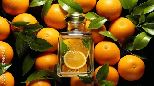Video of glass bottle of orange citrus perfume fragrance with half orange and flowers turning on light background.Slow motion.AI Generative.