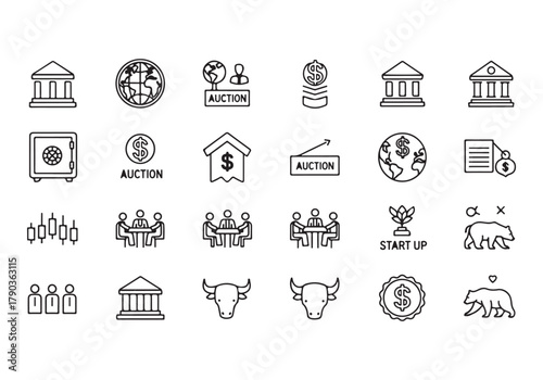 Bank and finance icon set, Business and corporation vector signs, global market, crowd funding, start up, Vector stock thin line design