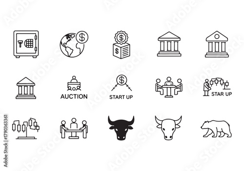 Bank and finance icon set, Business and corporation vector signs, global market, crowd funding, start up, Vector stock thin line design